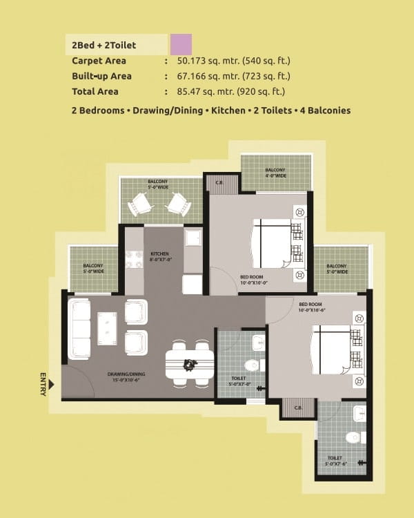 Arihant Abode 2 BHK + 2 TOI (920 SQ.FT.) Floor Plan