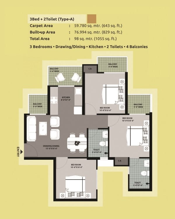 Arihant Abode 3 BHK + 2 TOI (1055 SQ.FT.) Floor Plan