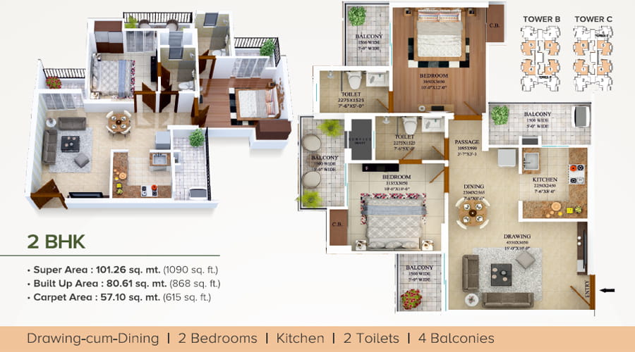 Civitech Strings 2 BHK + 2 TOI (1090 SQ.FT.) Floor Plan