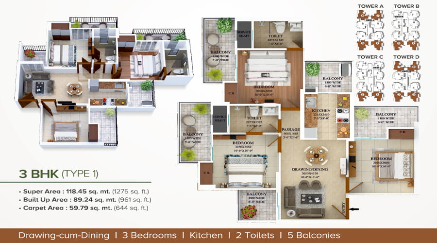 Civitech Strings 3 BHK + 2 TOI (1275 SQ.FT.) Floor Plan