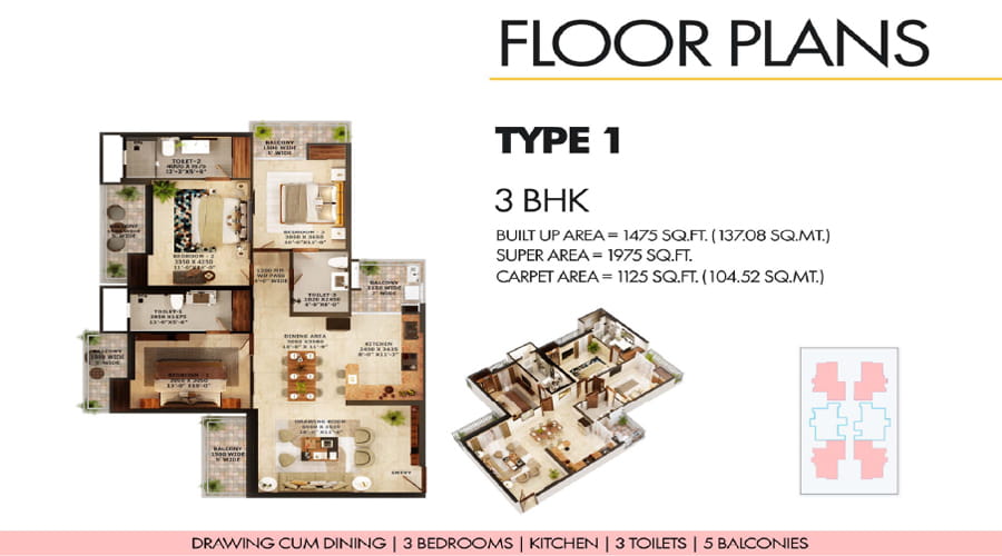 Civitech Strings 3 BHK + 3 TOI (1975 SQ.FT.) Floor Plan
