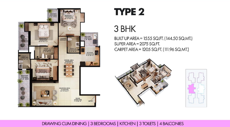 Civitech Strings 3 BHK + 3 TOI (2075 SQ.FT.) Floor Plan