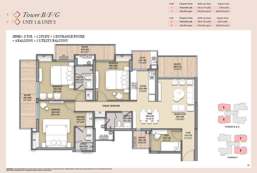 Elite X 3 BHK + 3 TOI + STUDY (2110 SQ.FT.) Floor Plan
