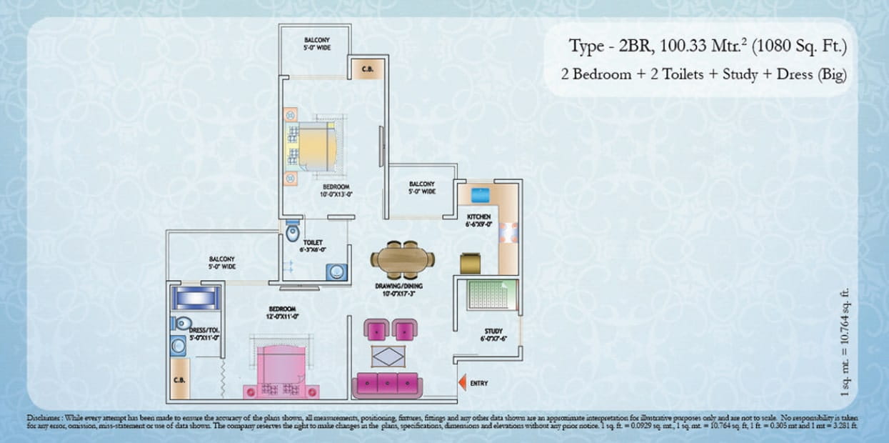 Nirala Estate Phase-1 2BHK+Study – 1080 Sq.Ft. Floor Plan
