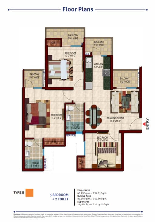 Nirala Estate Phase-2 3BHK + 2T (TYPE-B) – 1225 Sq.Ft. Floor Plan