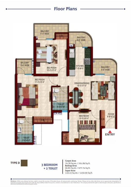 Nirala Estate Phase-2 3BHK + 2T (TYPE-D) – 1250 Sq.Ft. Floor Plan