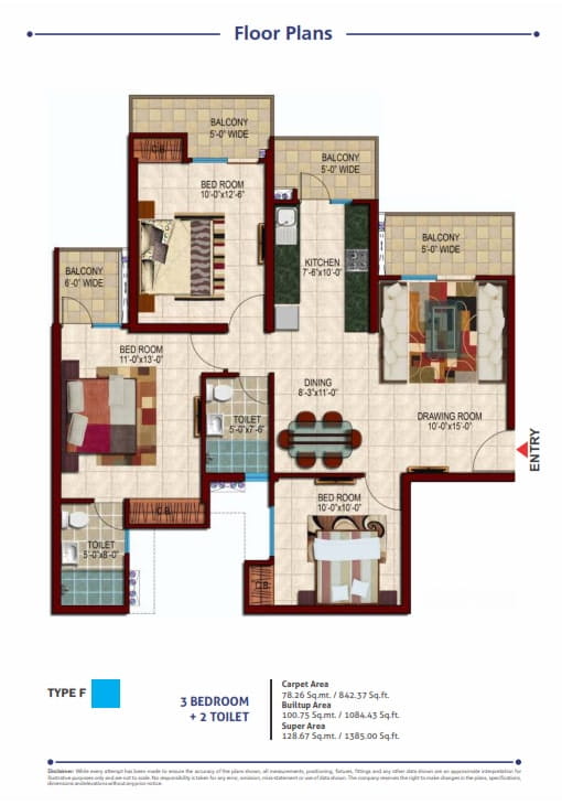 Nirala Estate Phase-2 3BHK + 2T (TYPE-F) – 1385 Sq.Ft. Floor Plan
