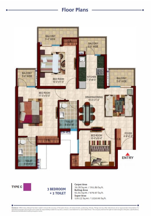 Nirala Estate Phase-4 3BHK + 2T (TYPE-C) – 1250 Sq.Ft. Floor Plan