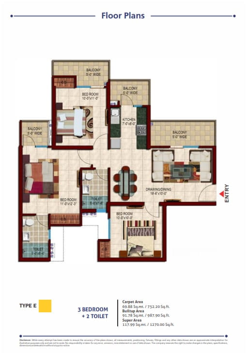 Nirala Estate Phase-4 3BHK + 2T (TYPE-E) – 1270 Sq.Ft. Floor Plan