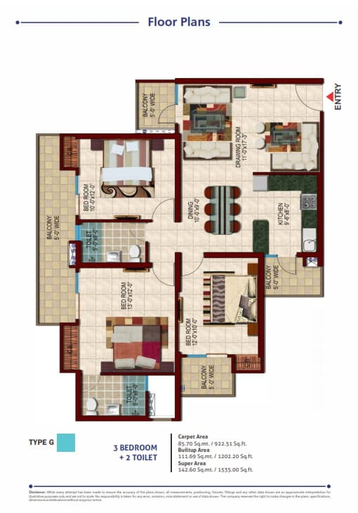Nirala Estate Phase-4 3BHK + 2T (TYPE-G) – 1535 Sq.Ft. Floor Plan
