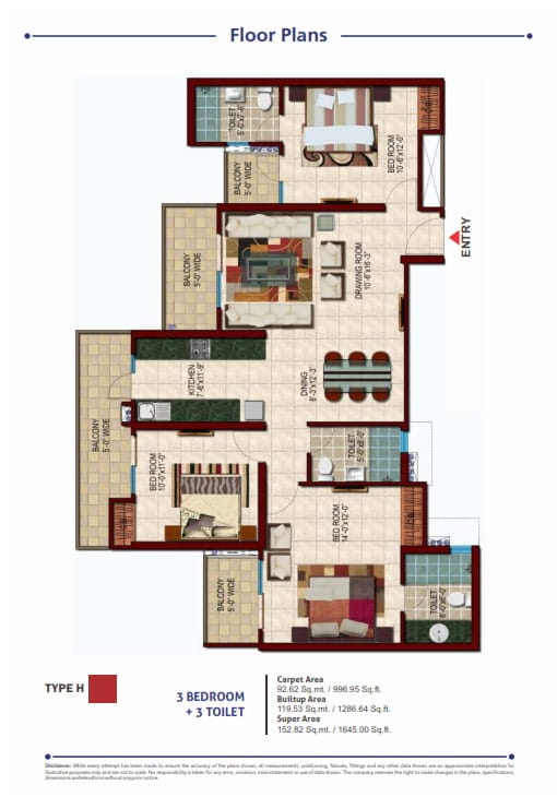 Nirala Estate Phase-4 3BHK + 3T (TYPE-H) – 1645 Sq.Ft. Floor Plan