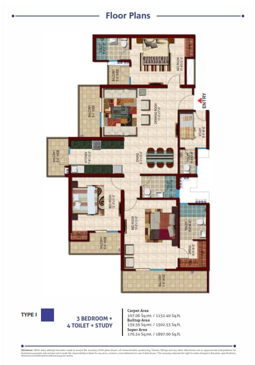 Nirala Estate Phase-4 3BHK + 3T + STUDY (TYPE-I) – 1897 Sq.Ft. Floor Plan