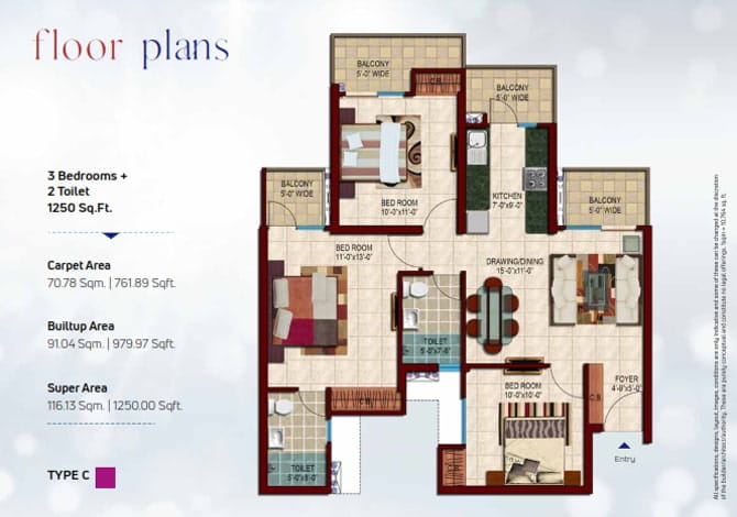 Nirala Estate Phase-5 3BHK + 2T (TYPE-C) – 1250 Sq.Ft. Floor Plan