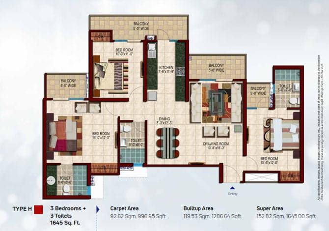Nirala Estate Phase-5 3BHK + 3T (TYPE-H) – 1645 Sq.Ft. Floor Plan