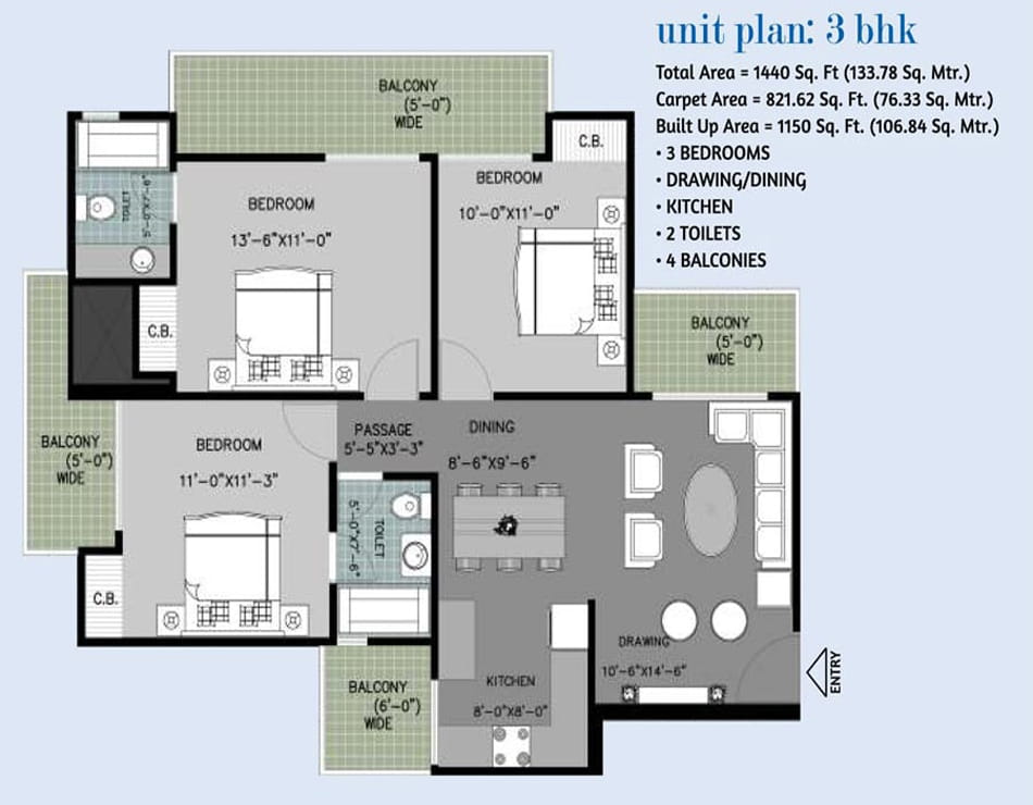 Arihant Ambar 3BHK - 1440 SQ.FT. Floor Plan
