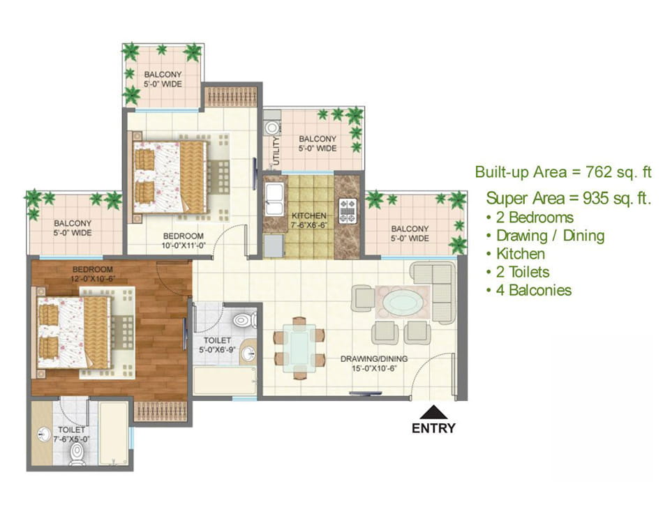 Arihant Arden 2BHK - 935 SQ.FT. Floor Plan