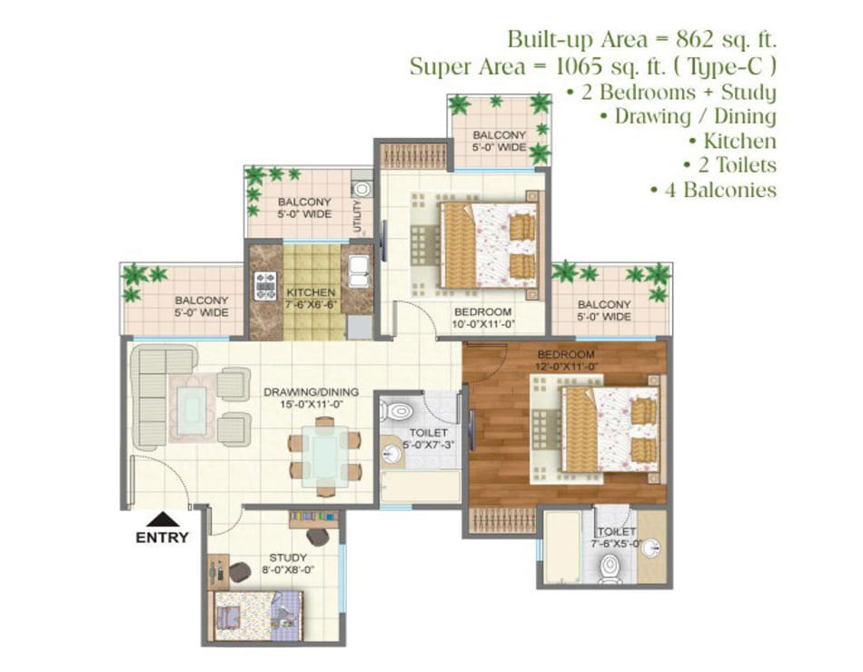 Arihant Arden 2BHK STUDY - 1065 SQ.FT. Floor Plan