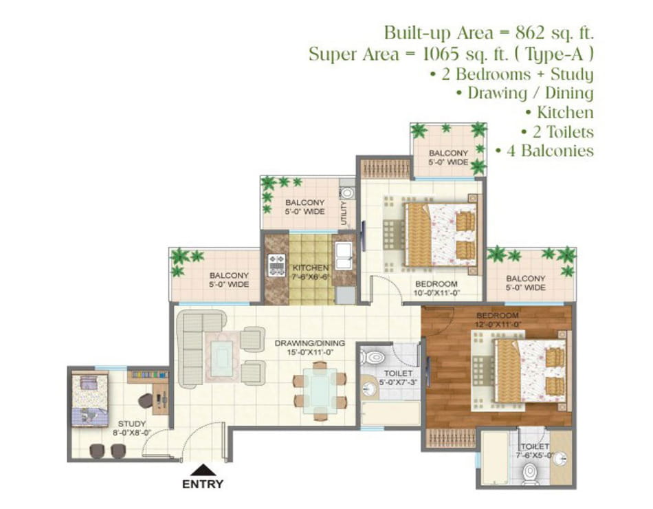 Arihant Arden 2BHK STUDY - 1065 SQ.FT. Floor Plan