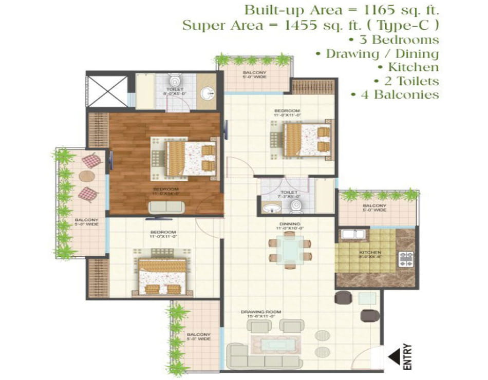 Arihant Arden 3BHK - 1455 SQ.FT. Floor Plan