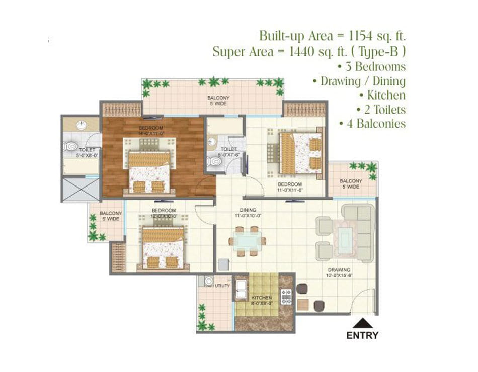 Arihant Arden 3BHK - 1475 SQ.FT. Floor Plan