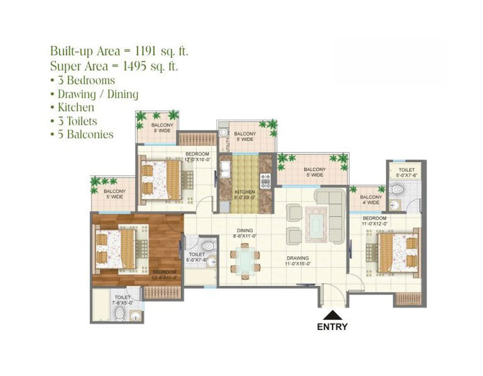 Arihant Arden 3BHK - 1495 SQ.FT. Floor Plan