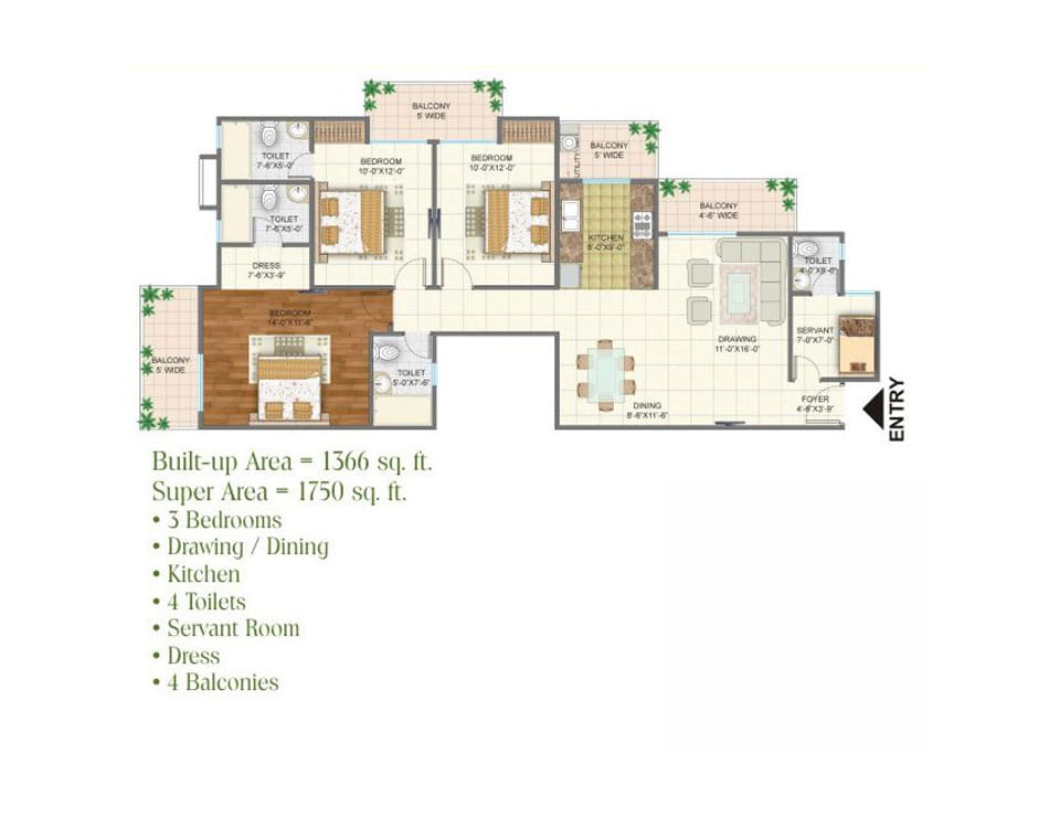 Arihant Arden 3BHK SERVANT - 1750 SQ.FT. Floor Plan
